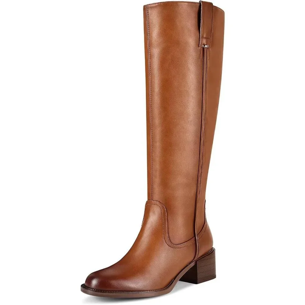 Women's A Brown Chunky Low Block Heel Round Toe Faux Leather Knee High Boots
